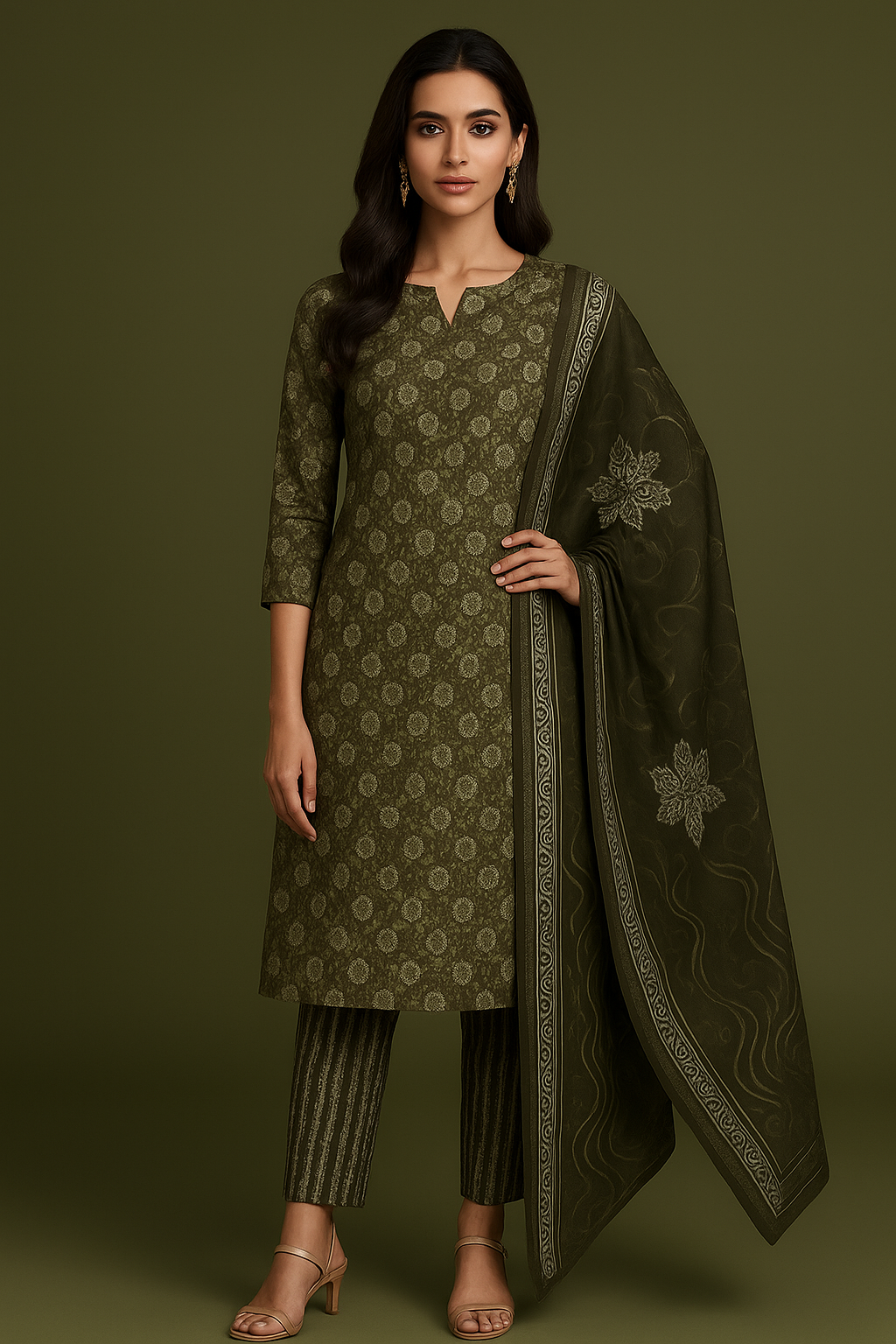 Women's Olive Green Cotton Salwar Suit Set with Dupatta | Ethnic Wear Kurta Pant Set