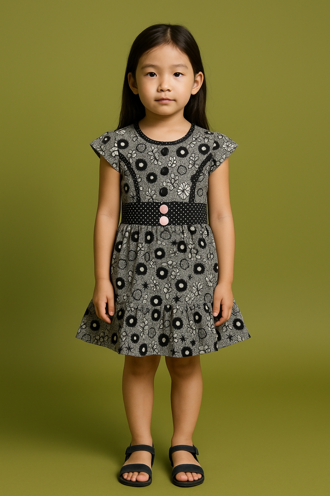 Girls Black & White Floral cotton Frock | Kids Casual & Party Wear Dress
