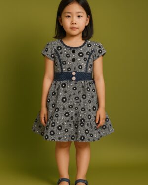 Girls blue with Black & White Floral cotton Frock | Kids Casual & Party Wear Dress