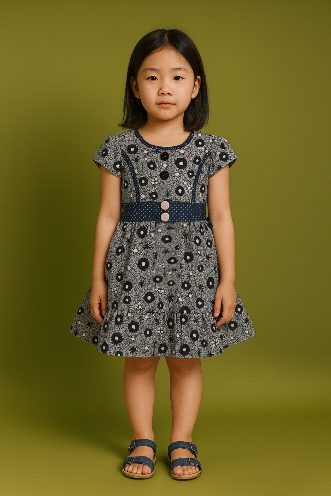 Girls blue with Black & White Floral cotton Frock | Kids Casual & Party Wear Dress