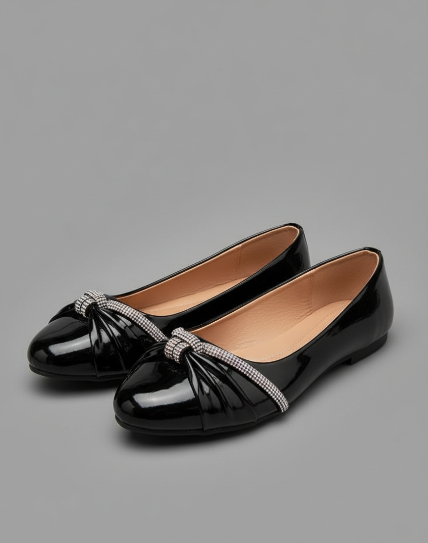 Women’s Black Embellished Ballerina Flats – Glossy Slip-On Shoes with Knot Detail - Image 2