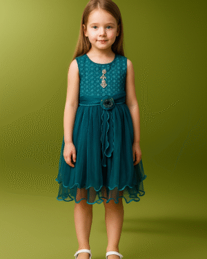Girls Teal Blue-Green Party Dress – Sleeveless Net Frock with Floral Belt