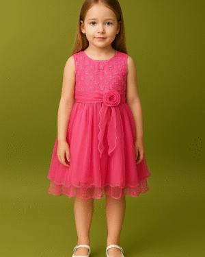 Girls bright pink shade Party Dress – Sleeveless Net Frock with florel belt