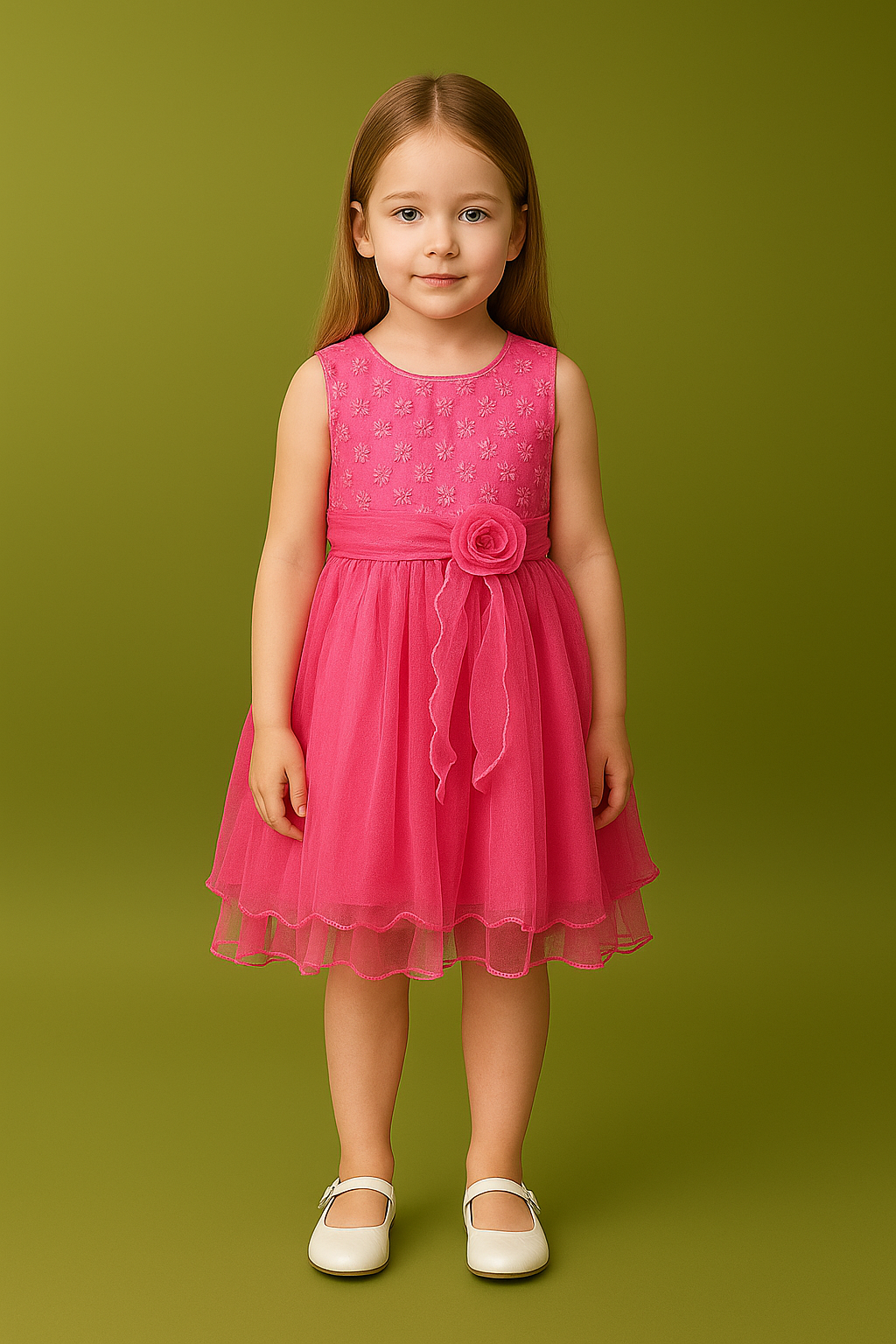 Girls bright pink shade Party Dress – Sleeveless Net Frock with florel belt