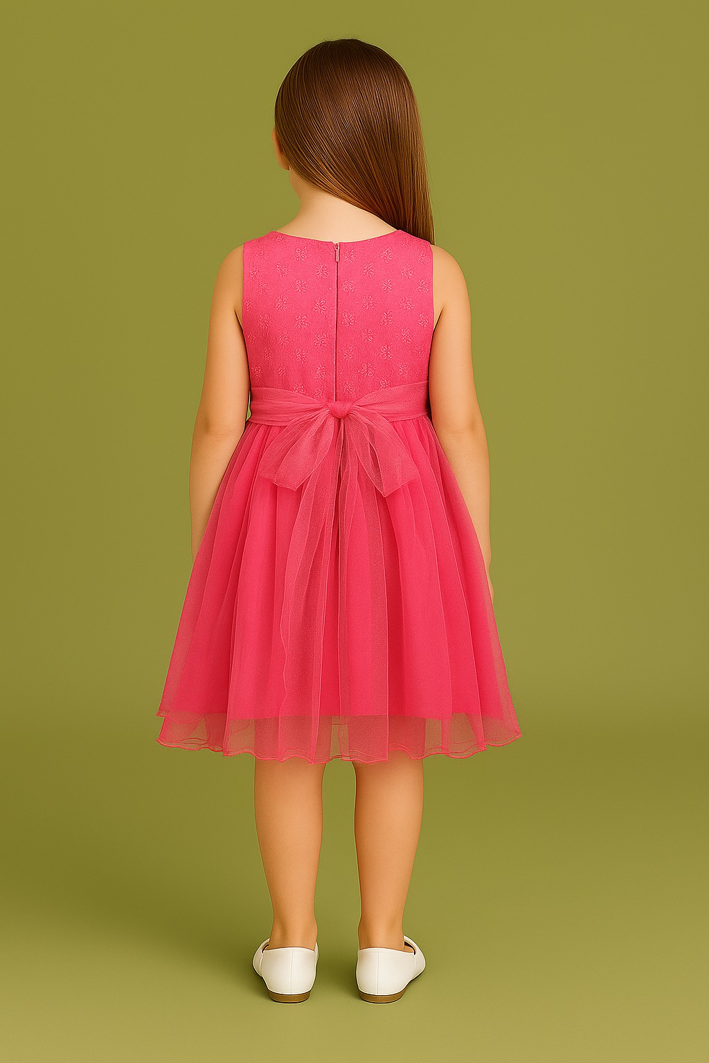 Girls bright pink shade Party Dress – Sleeveless Net Frock with florel belt - Image 2