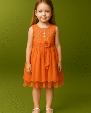Girls warm orange shade Party Dress – Sleeveless Net Frock with florel belt