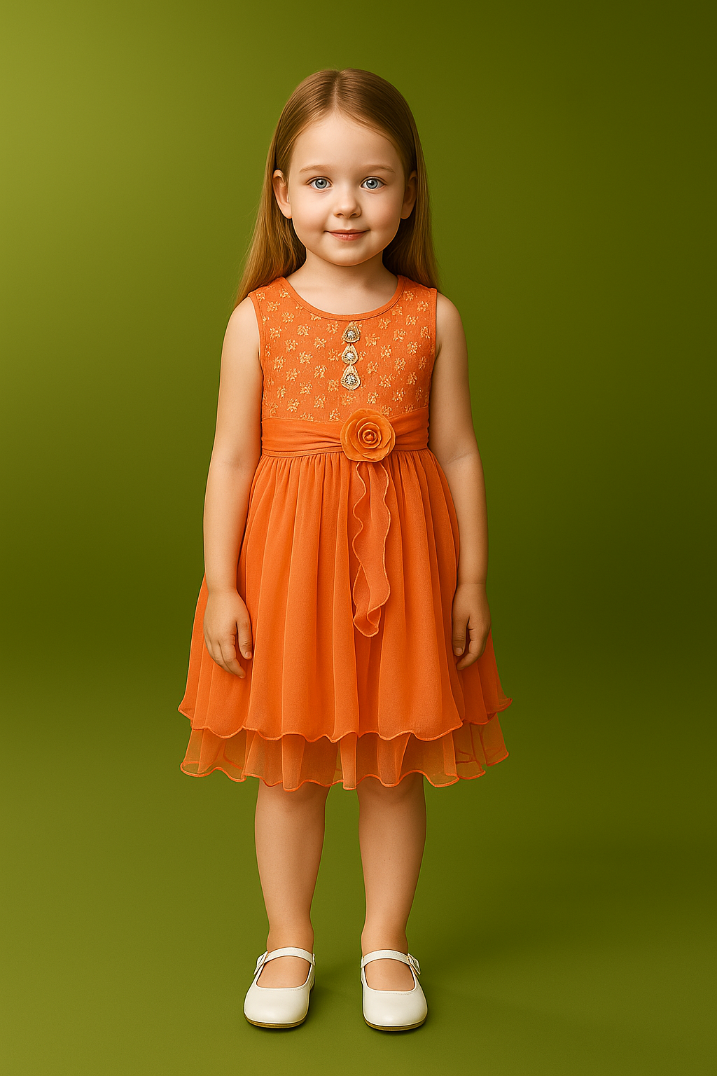 Girls warm orange shade Party Dress – Sleeveless Net Frock with florel belt