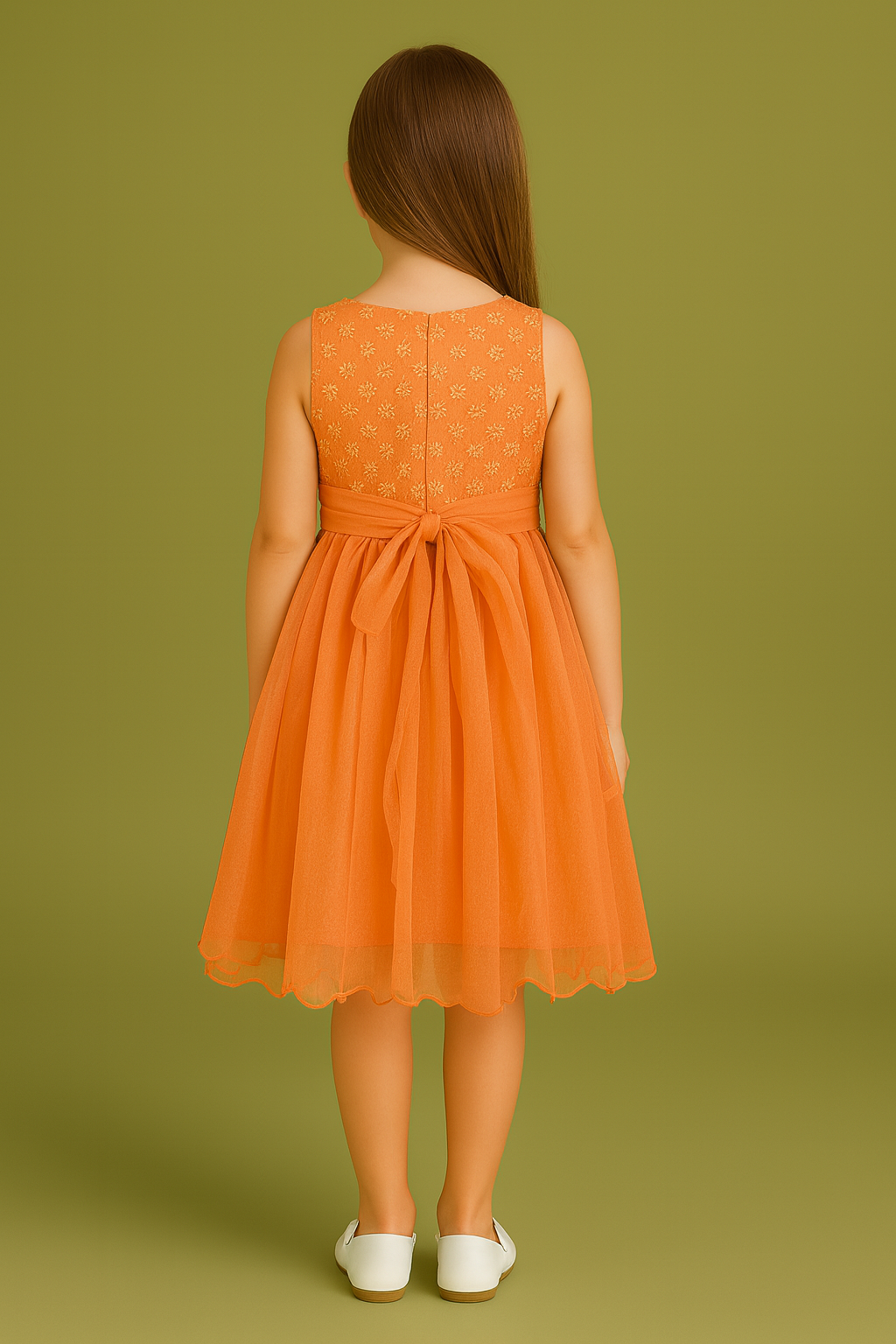 Girls warm orange shade Party Dress – Sleeveless Net Frock with florel belt - Image 2