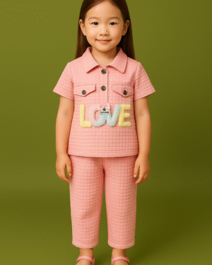 Girls pink Quilted Co-Ord Set with LOVE Patch – Stylish Kids Outfit