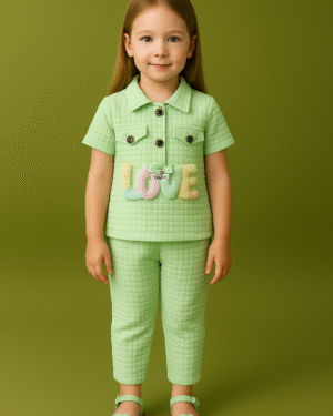 Girls green Quilted Co-Ord Set with LOVE Patch – Stylish Kids Outfit