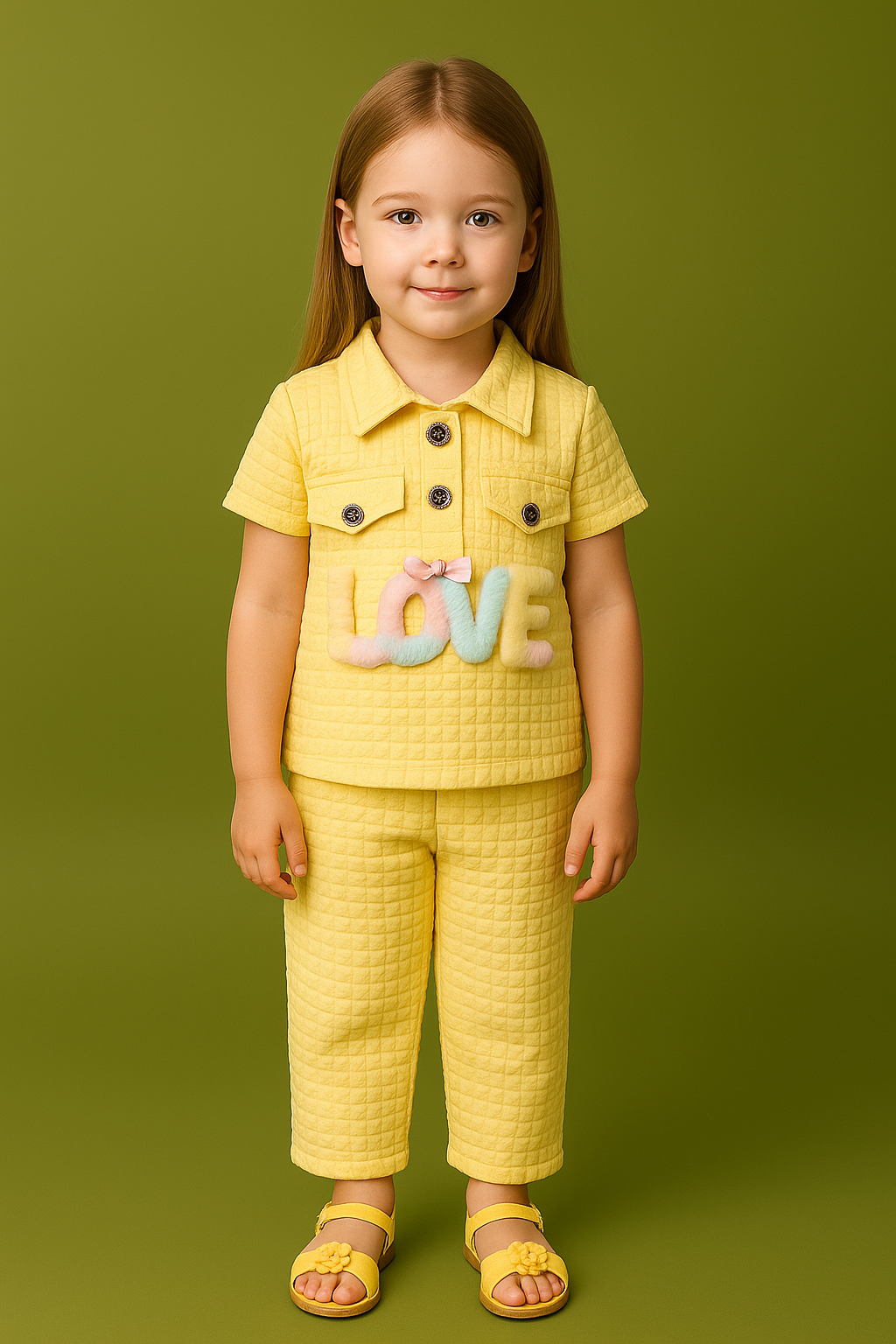 Girls Yellow Quilted Co-Ord Set with LOVE Patch – Stylish Kids Outfit