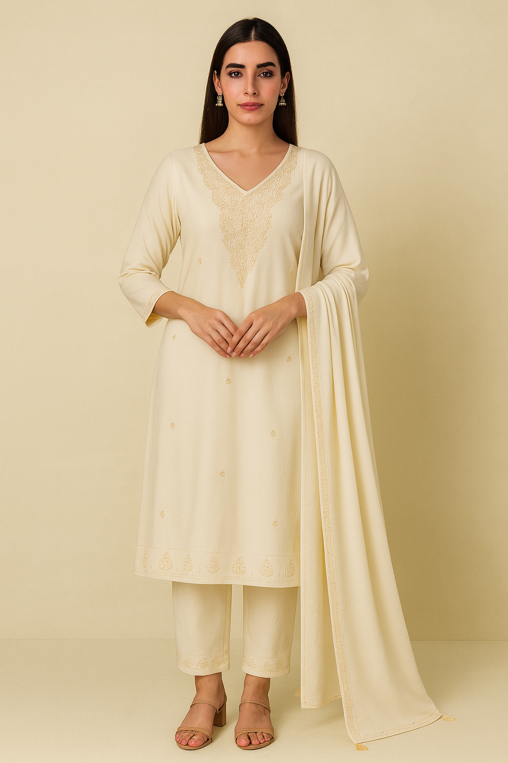 Women's cream white Straight Kurta Set with Dupatta | Ethnic Wear Suit Set