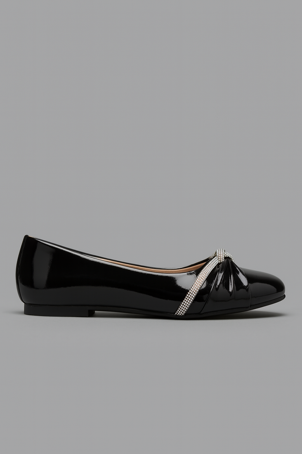Women’s Black Embellished Ballerina Flats – Glossy Slip-On Shoes with Knot Detail - Image 3