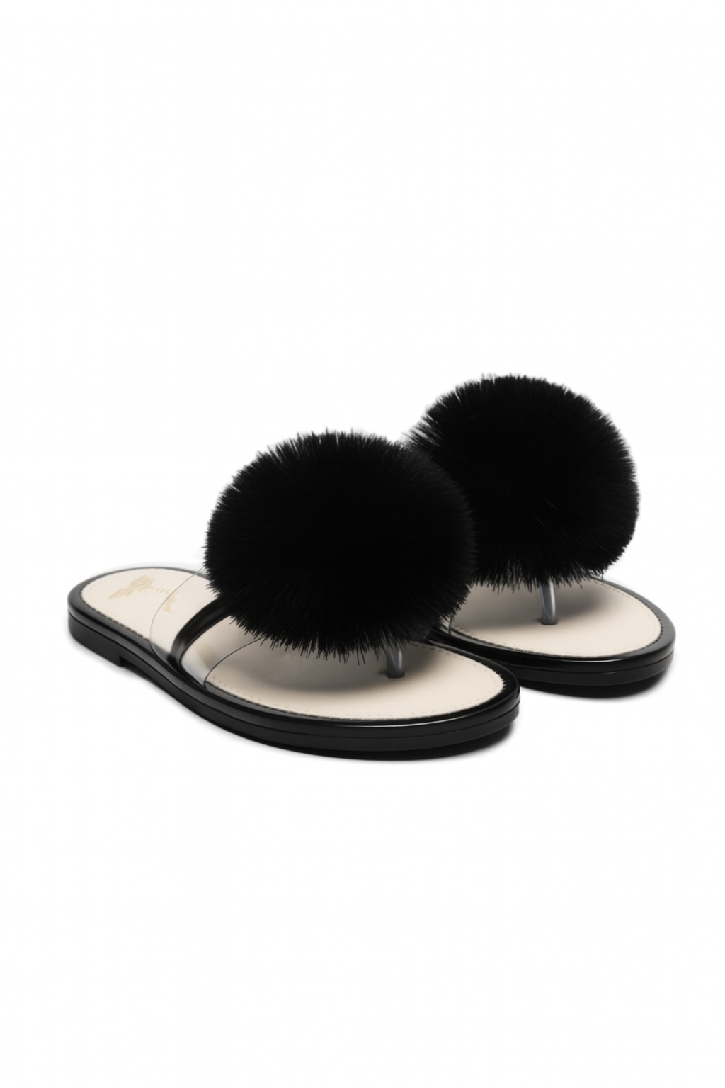Women’s  Faux Fur Pom-Pom Slip-On Sandals – Stylish Transparent Strap Flats