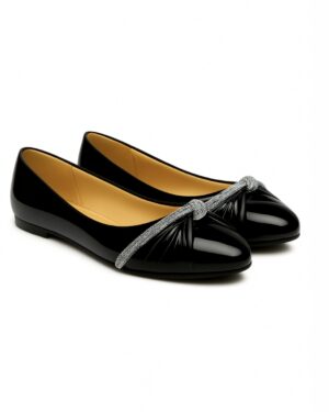 Women’s Black Embellished Ballerina Flats – Glossy Slip-On Shoes with Knot Detail