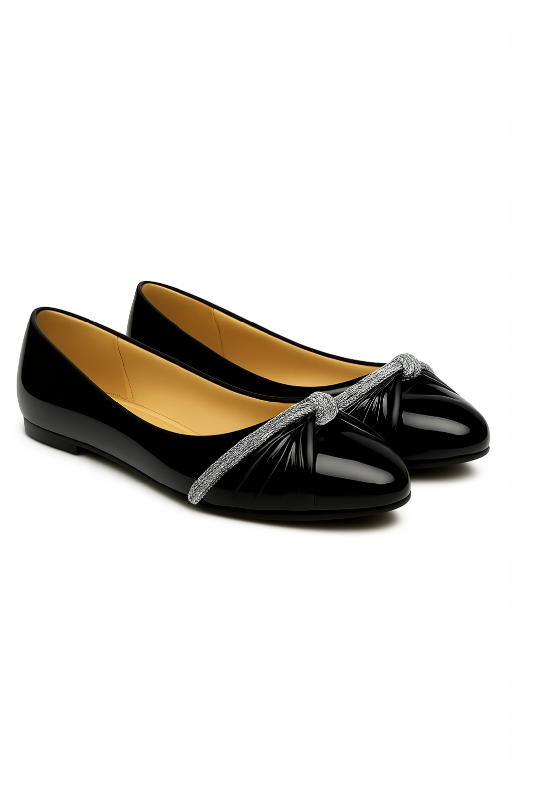 Women’s Black Embellished Ballerina Flats – Glossy Slip-On Shoes with Knot Detail