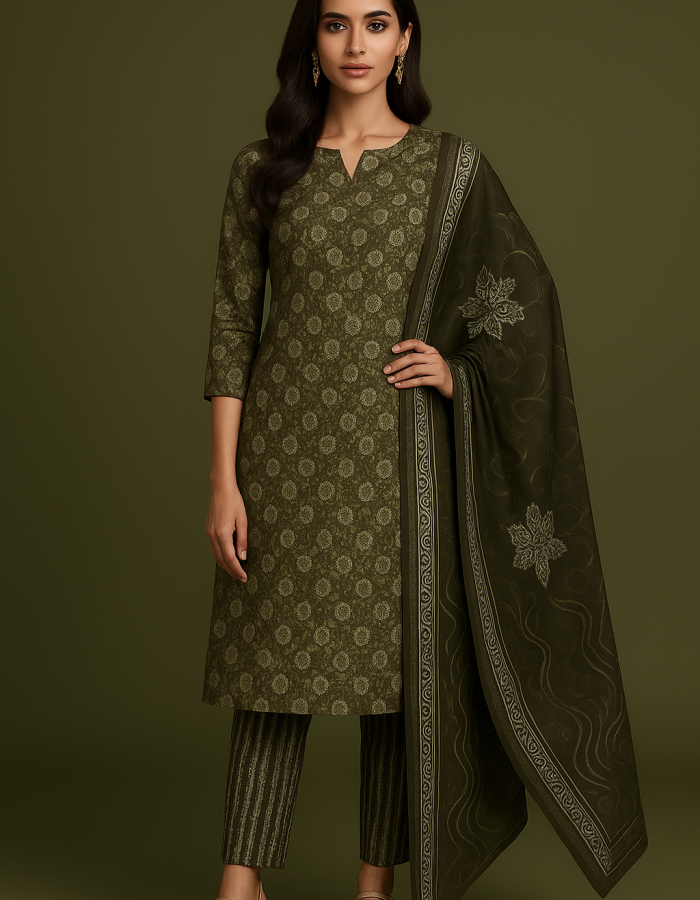 Women’s Olive Green Cotton Salwar Suit Set with Dupatta | Ethnic Wear Kurta Pant Set
