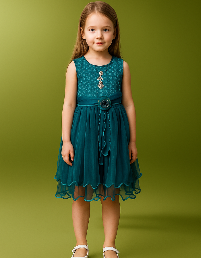 Girls Teal Blue-Green Party Dress – Sleeveless Net Frock with Floral Belt