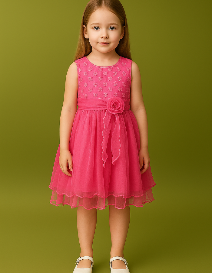 Girls bright pink shade Party Dress – Sleeveless Net Frock with florel belt