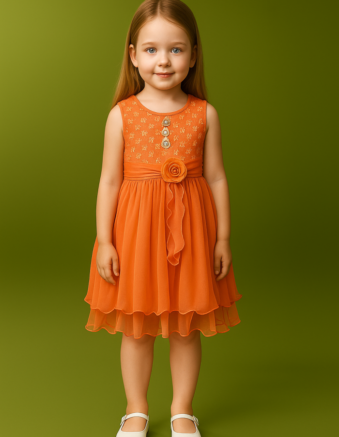 Girls warm orange  shade Party Dress – Sleeveless Net Frock with florel belt