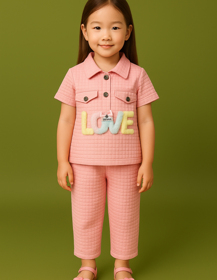 Girls pink Quilted Co-Ord Set with LOVE Patch – Stylish Kids Outfit