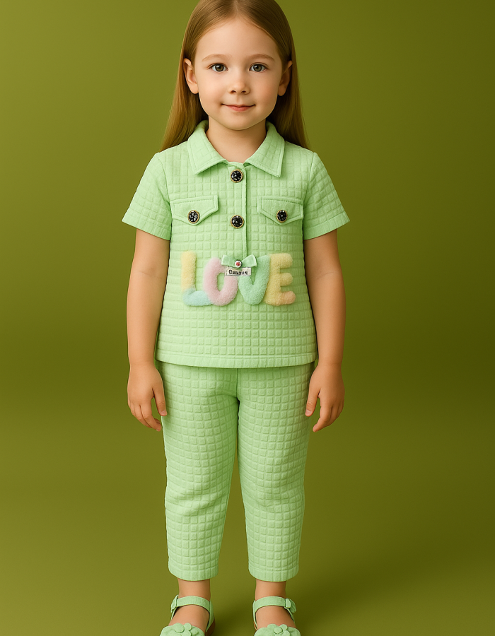 Girls green Quilted Co-Ord Set with LOVE Patch – Stylish Kids Outfit