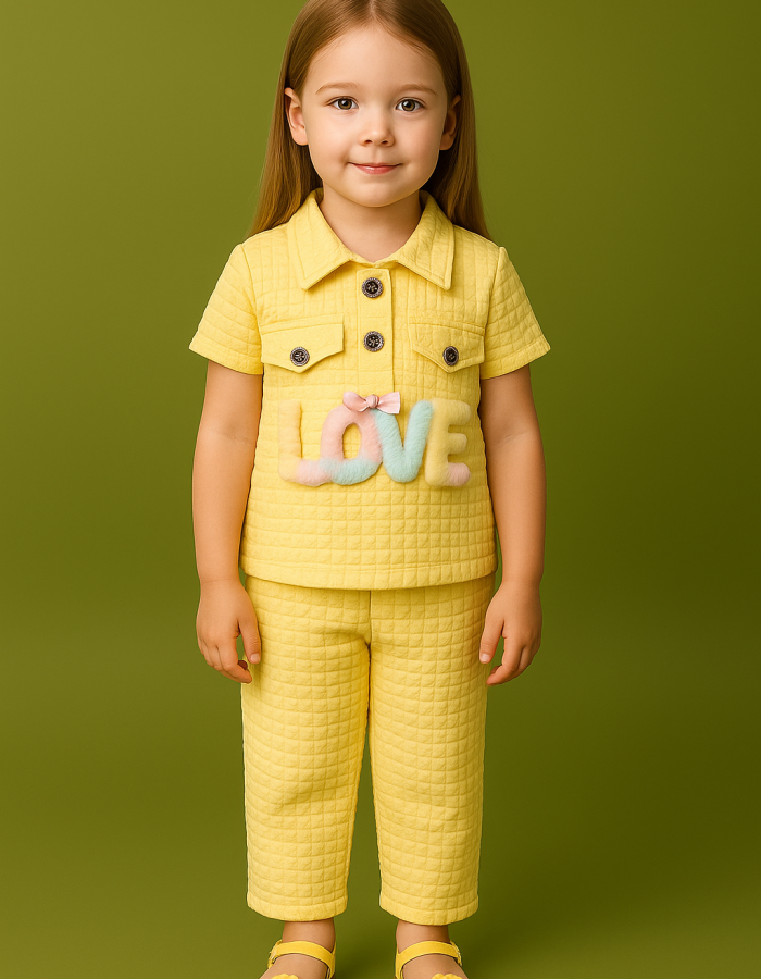 Girls Yellow Quilted Co-Ord Set with LOVE Patch – Stylish Kids Outfit