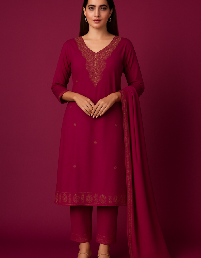 Women’s dark pastel red Straight Kurta Set with Dupatta | Ethnic Wear Suit Set