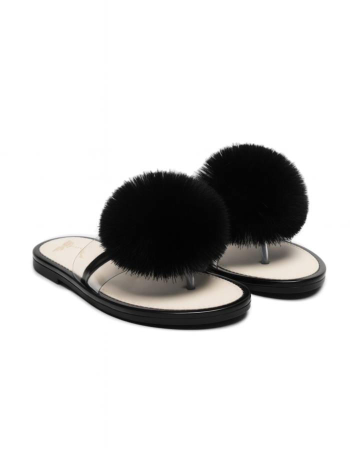 Women’s  Faux Fur Pom-Pom Slip-On Sandals – Stylish Transparent Strap Flats